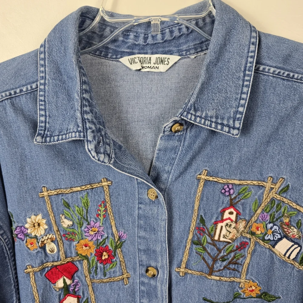Victoria Jones Woman Denim Chambray Birdhouse Birds Grannycore Vtg Shirt XXL - Picture 5 of 14